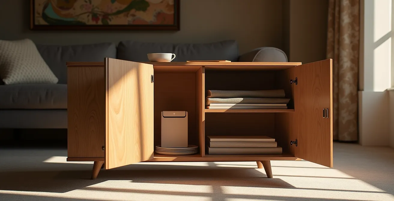 Mobile trasformabile chiuso in soggiorno italiano con design minimalista