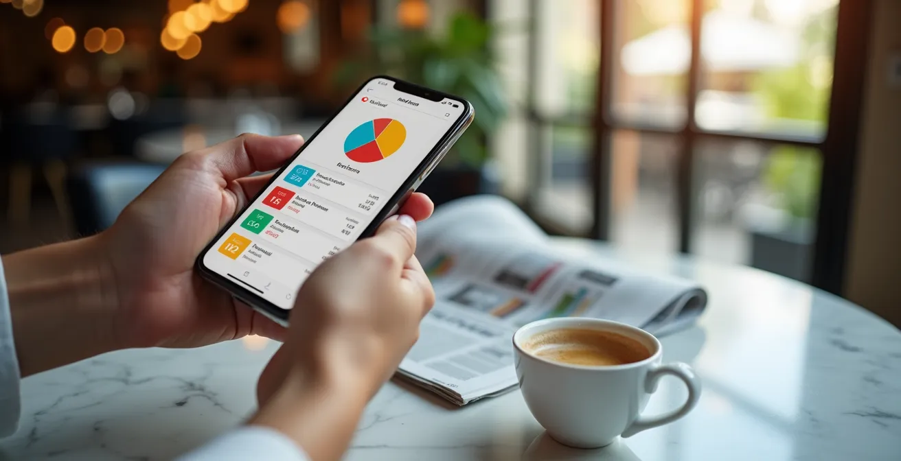 Mano che tiene smartphone con grafici colorati di spese categorizzate, ambiente italiano moderno