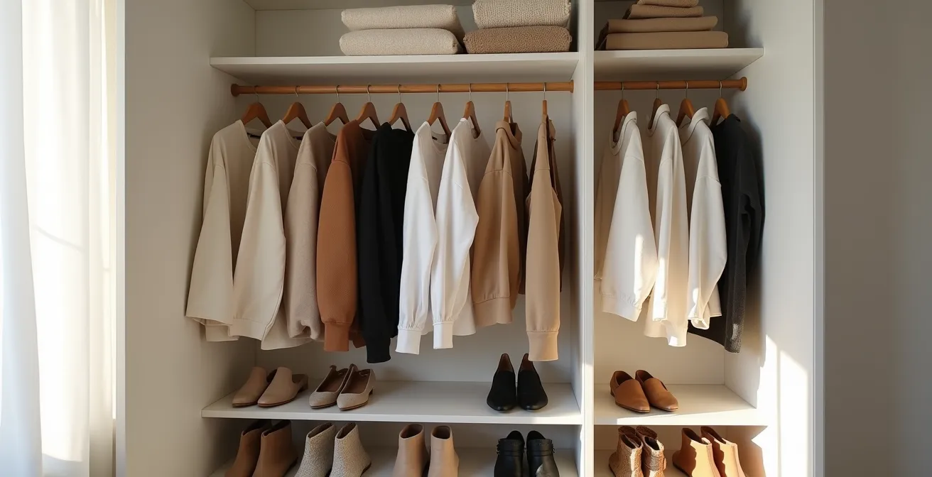 Armadio minimalista con capsule wardrobe ben organizzato in stile italiano