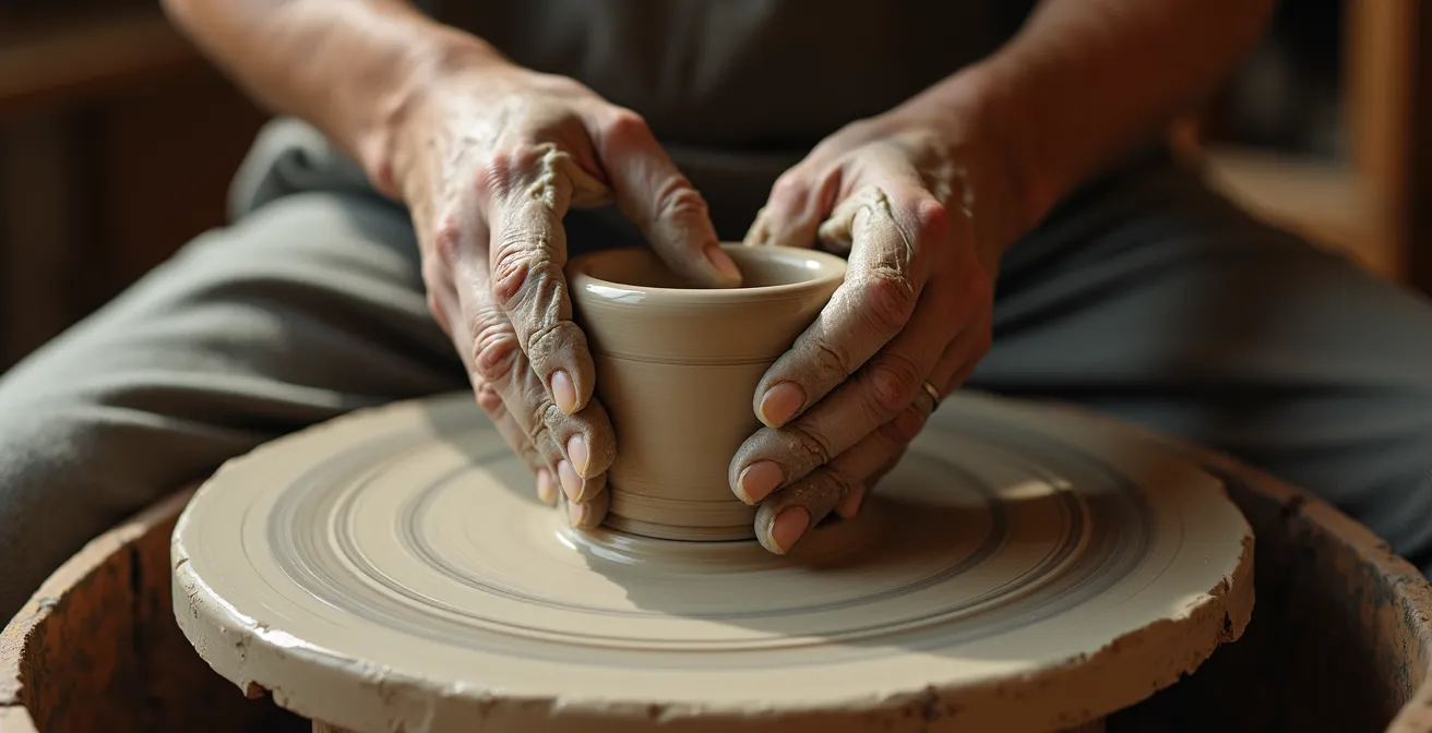 Mani di artigiano modellano ceramica su tornio in bottega tradizionale