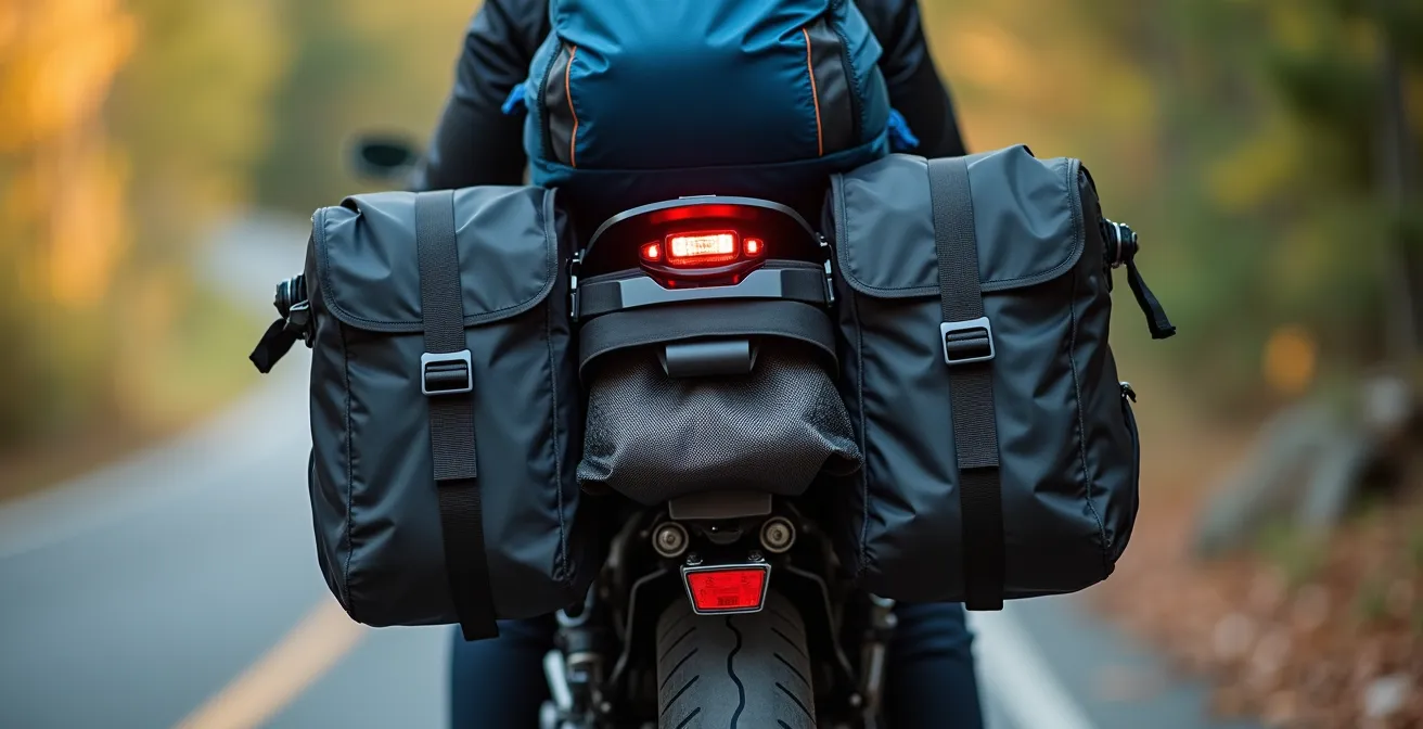 Vista posteriore dettagliata di valigie laterali caricate correttamente su moto