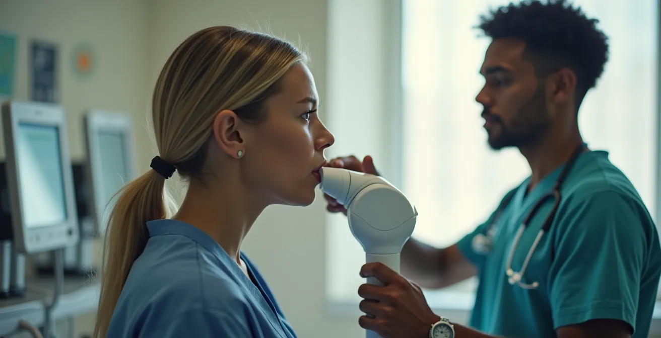 Persona che esegue un breath test per l'intolleranza al lattosio in un ambiente medico controllato.