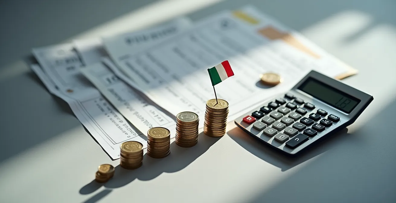 Giovane coppia italiana analizza documenti fiscali con calcolatrice su tavolo moderno