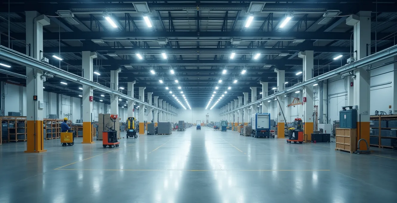 Interno di capannone industriale con moderni sistemi di illuminazione LED installati