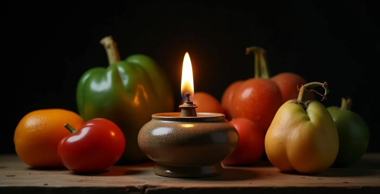 Metabolismo rallentato illustrato come una fiamma debole di una lampada a olio, simbolo di risparmio energetico del corpo.