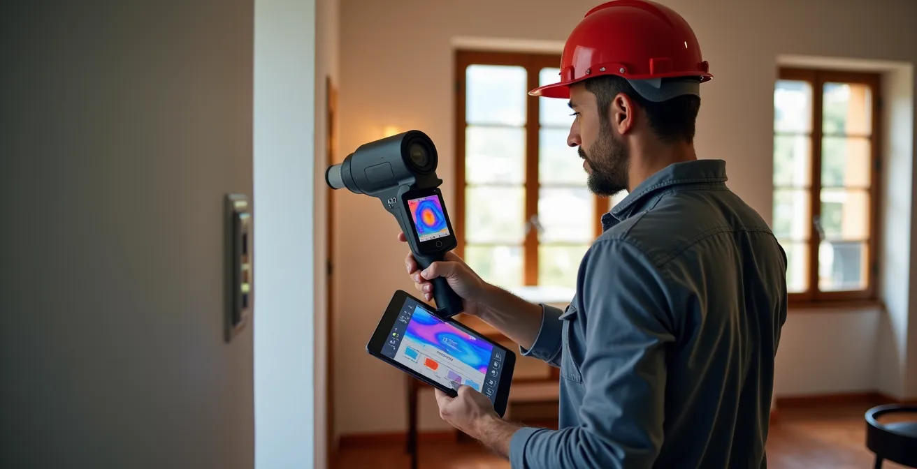 Certificatore energetico con tablet e termocamera analizza efficienza di abitazione italiana