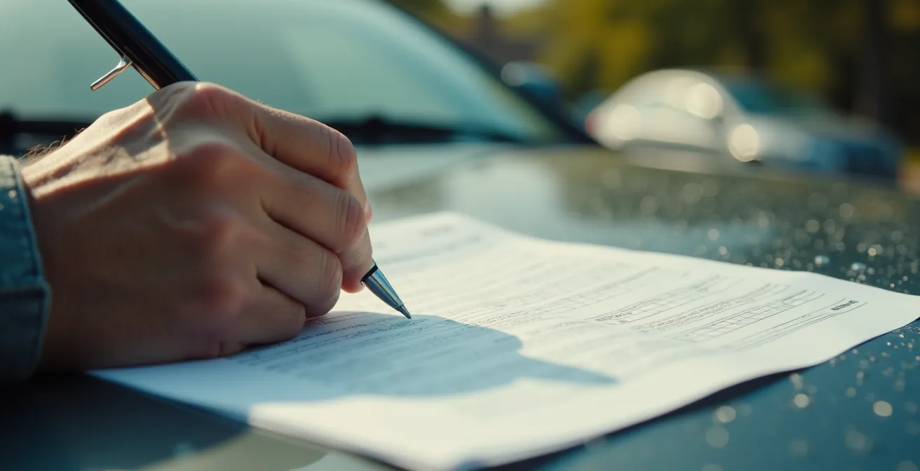 Mani che compilano modulo CID su cofano auto