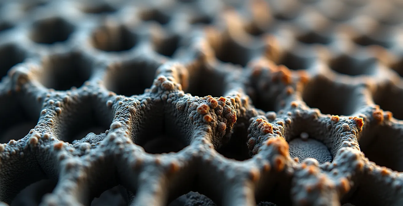 Vista macro dell'interno di un filtro antiparticolato con residui di condensa acida e depositi di cenere