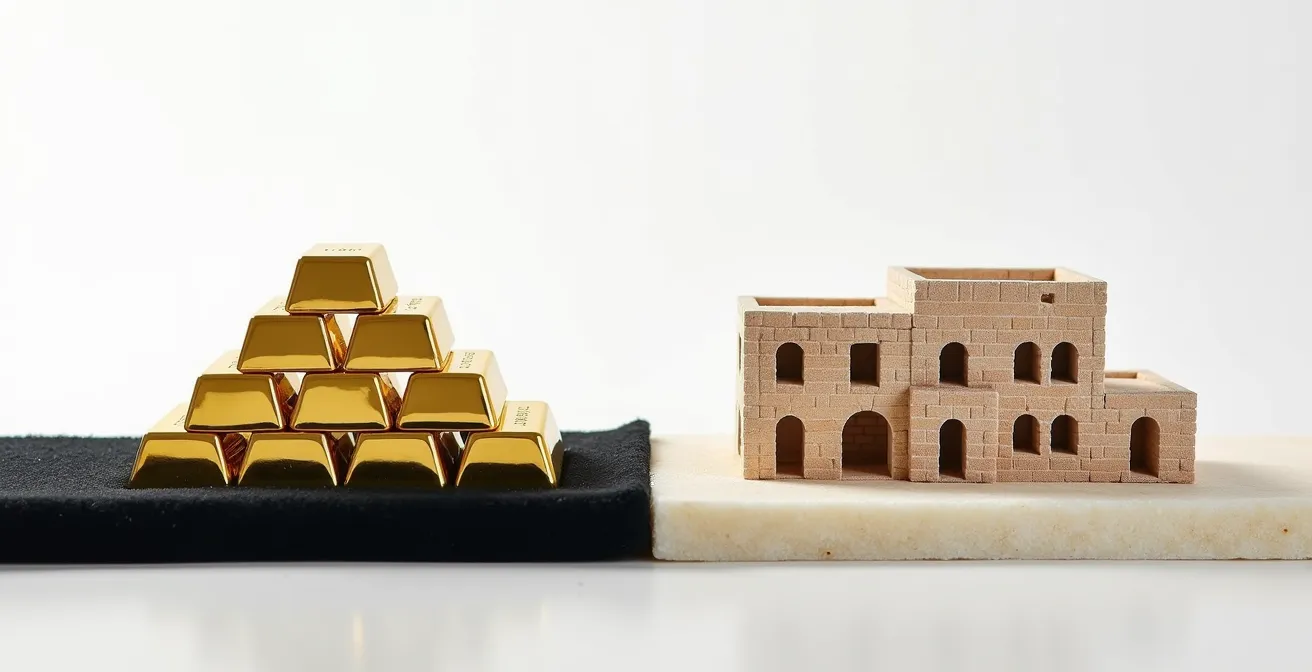 Confronto visivo tra oro fisico e investimenti immobiliari come protezione contro l'inflazione