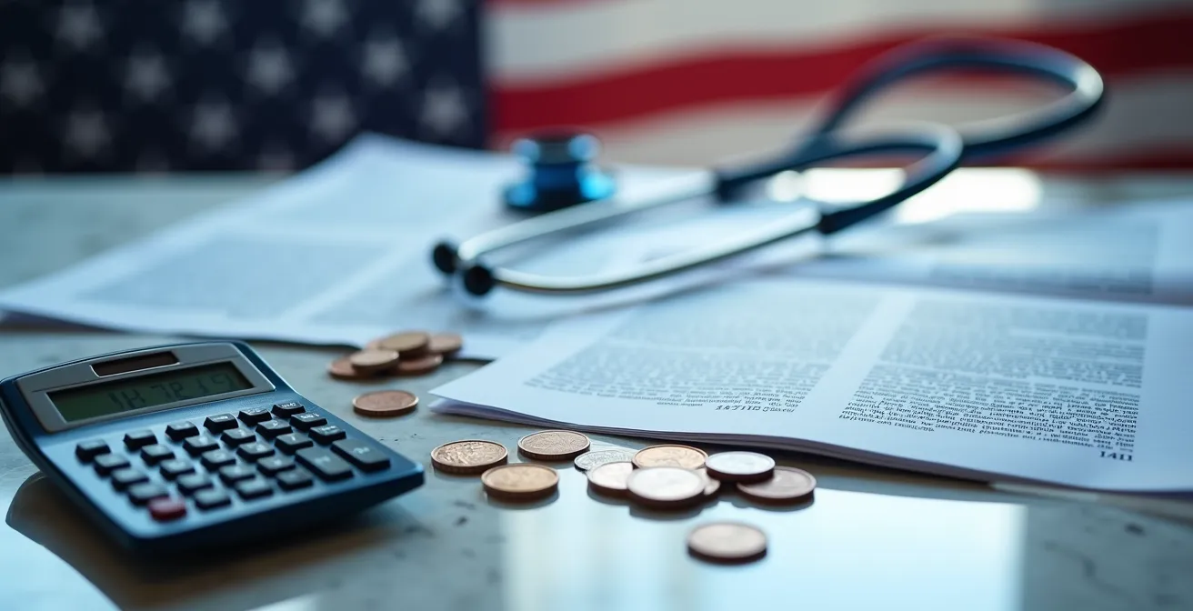 Documenti assicurativi con calcolatrice e mappa degli Stati Uniti