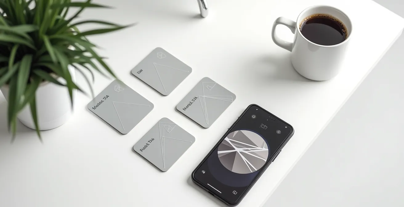 Composizione minimalista con carte di ricarica e smartphone mostrando diverse opzioni tariffarie