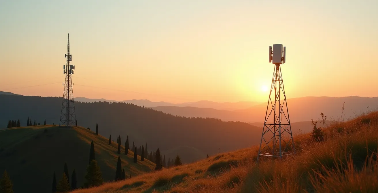 Confronto visivo tra un grande traliccio TV tradizionale e una piccola antenna 5G urbana nel paesaggio italiano