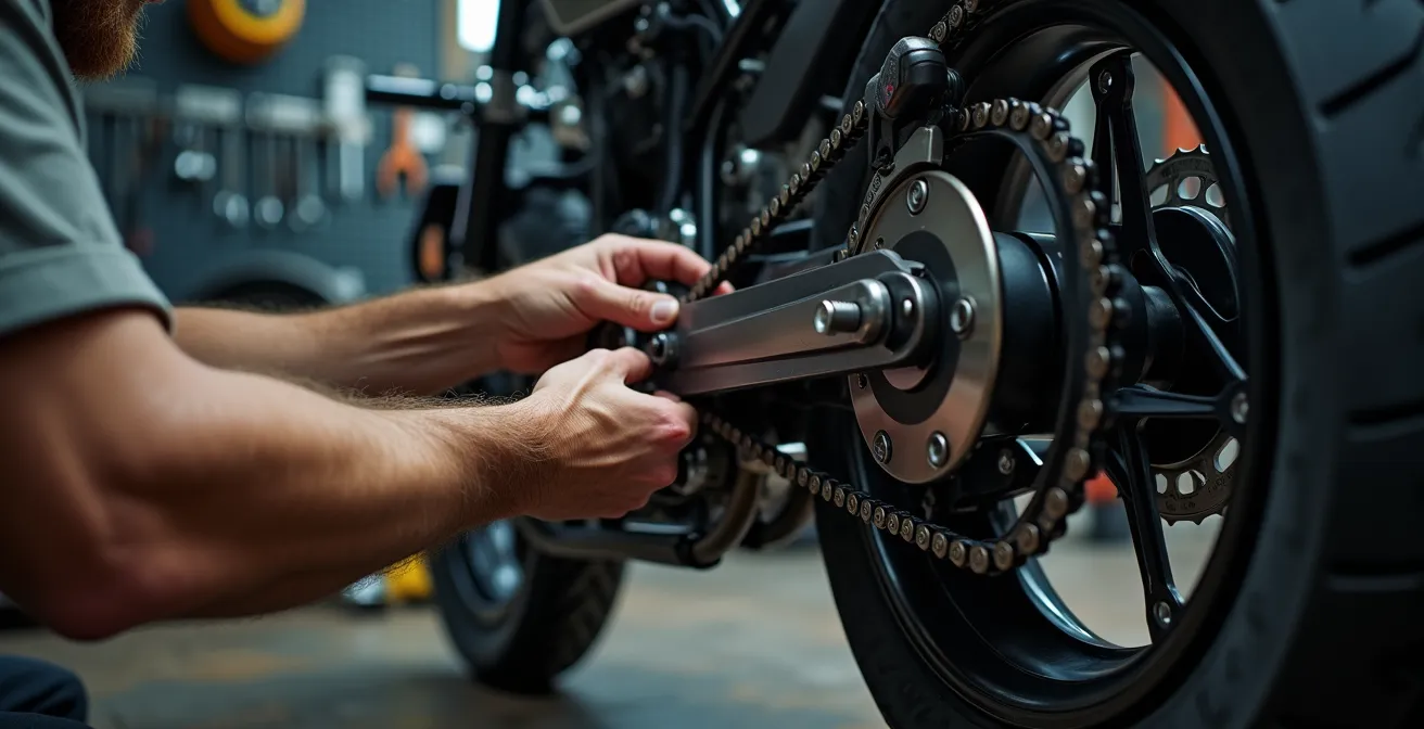 Meccanico che ispeziona la catena di trasmissione di una moto con strumenti professionali