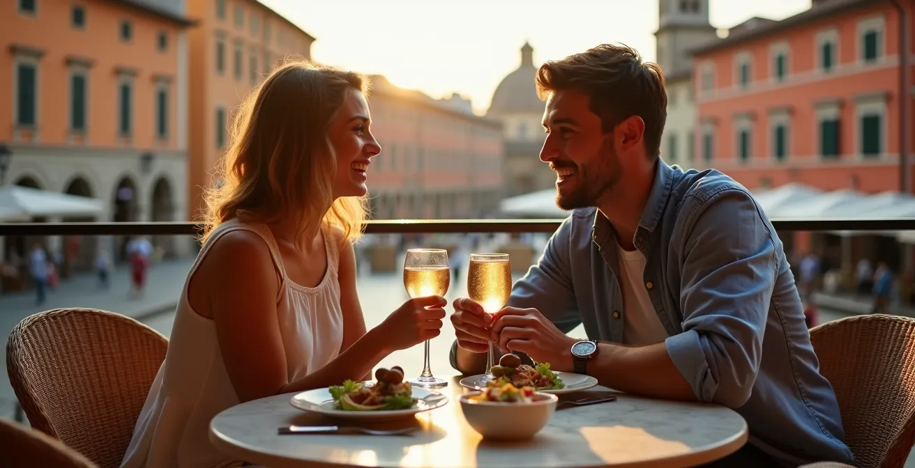 Coppia che si rilassa in un caffè all'aperto in una piazza italiana