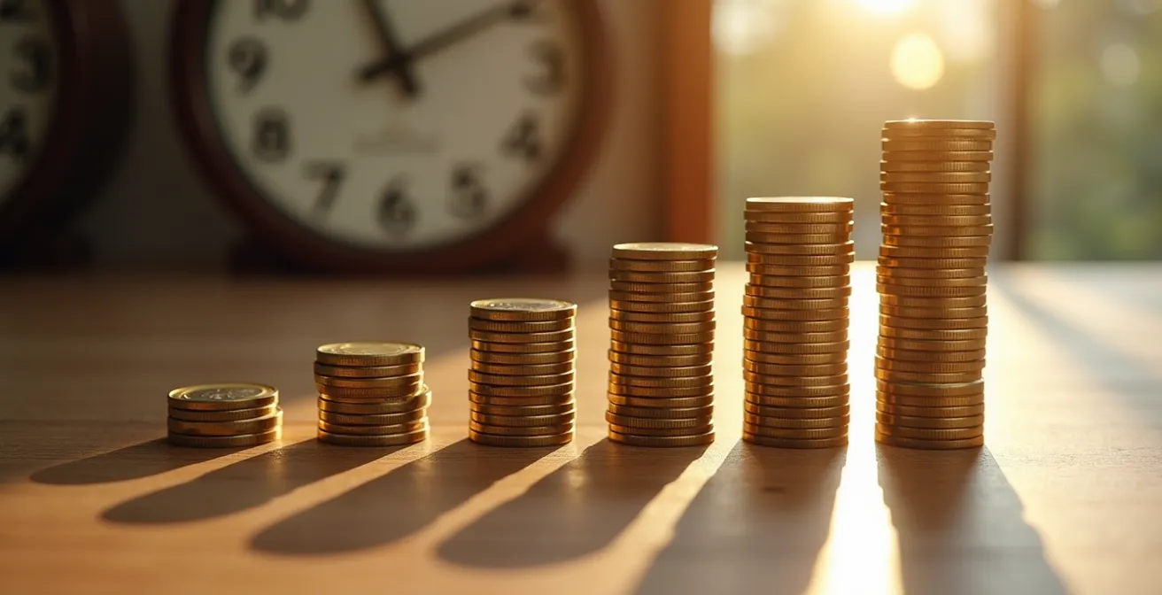 Monete che si moltiplicano esponenzialmente su una superficie di legno con sfondo sfocato