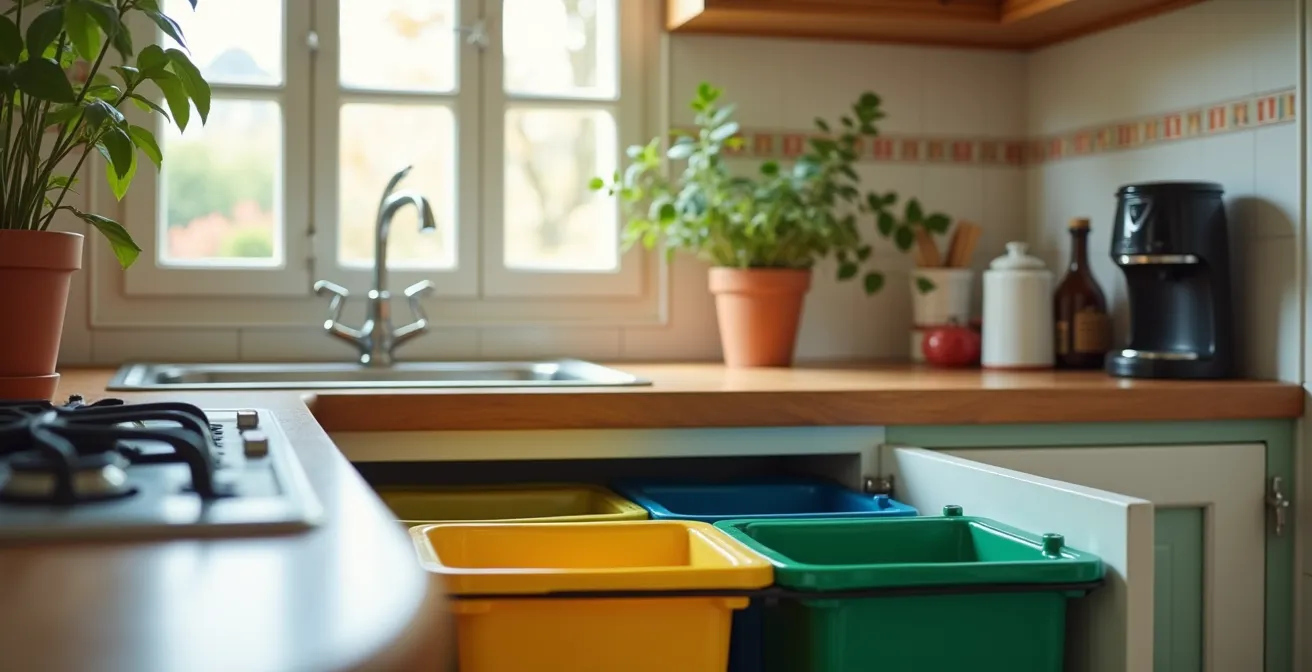 Cucina compatta italiana con sistema raccolta differenziata integrato elegantemente