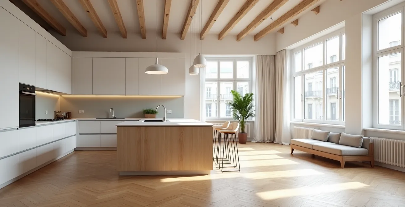 Cucina a vista con penisola che separa elegantemente la zona living in un bilocale milanese