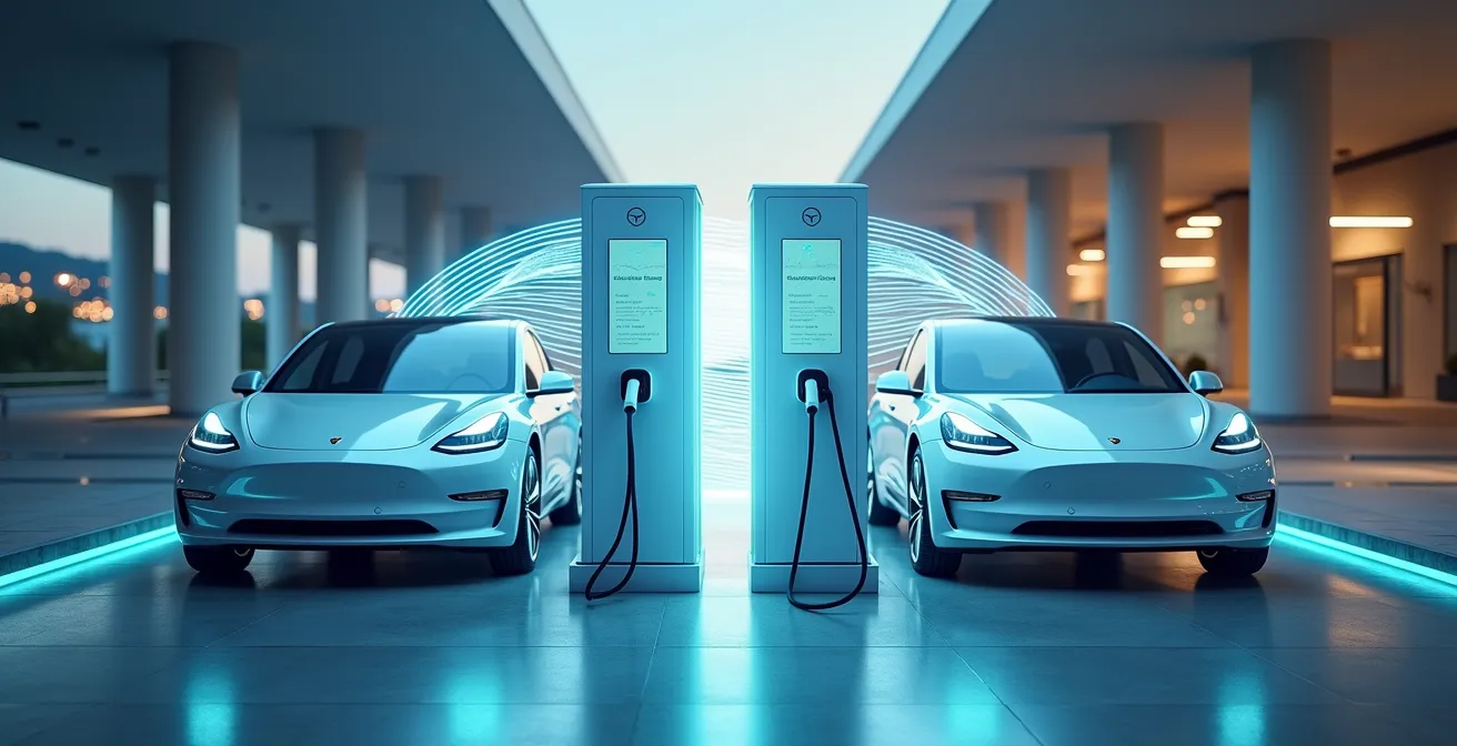 Dashboard digitale che mostra la curva di ricarica di un'auto elettrica con percentuali di potenza