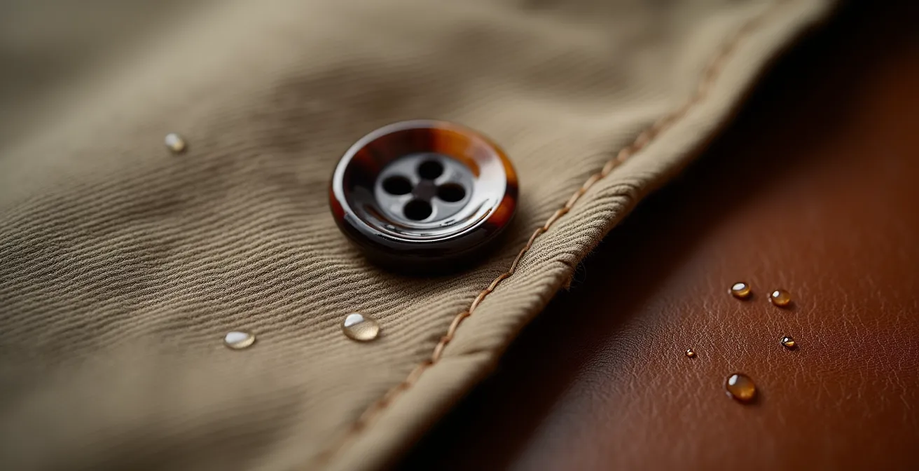 Dettaglio macro di cuciture e bottoni di un trench di alta qualità italiana