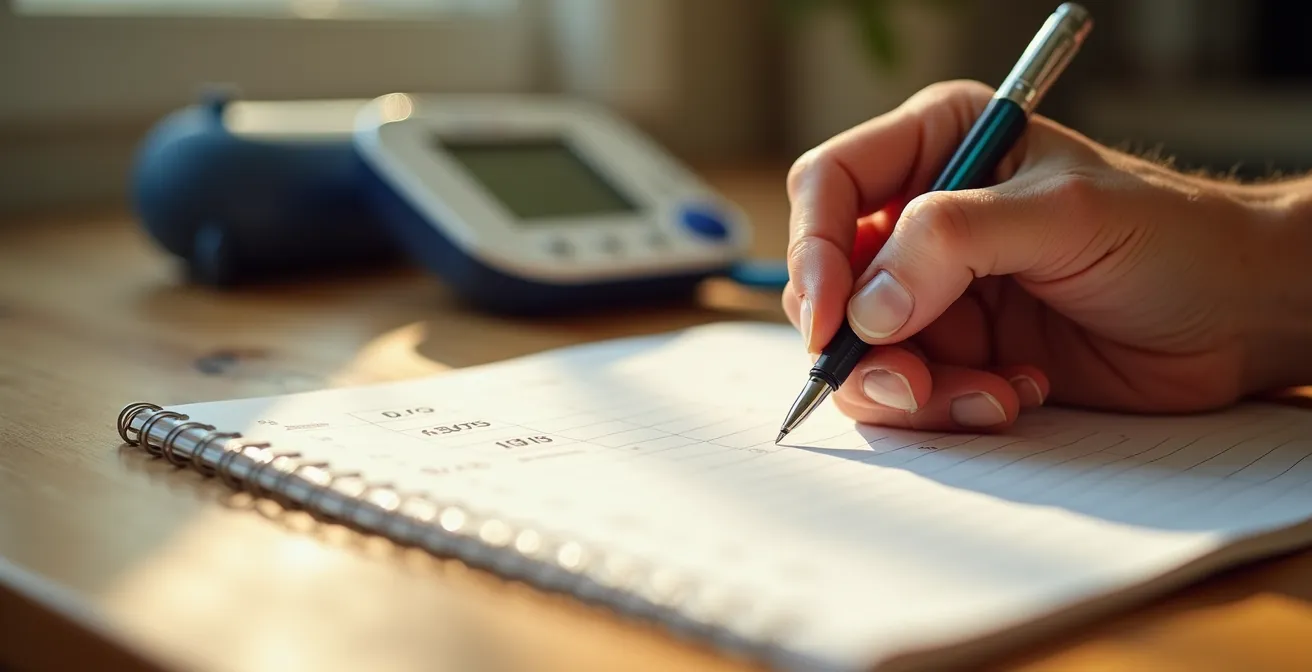 Primo piano mani che compilano diario pressorio con sfumocomanometro sfocato sul tavolo