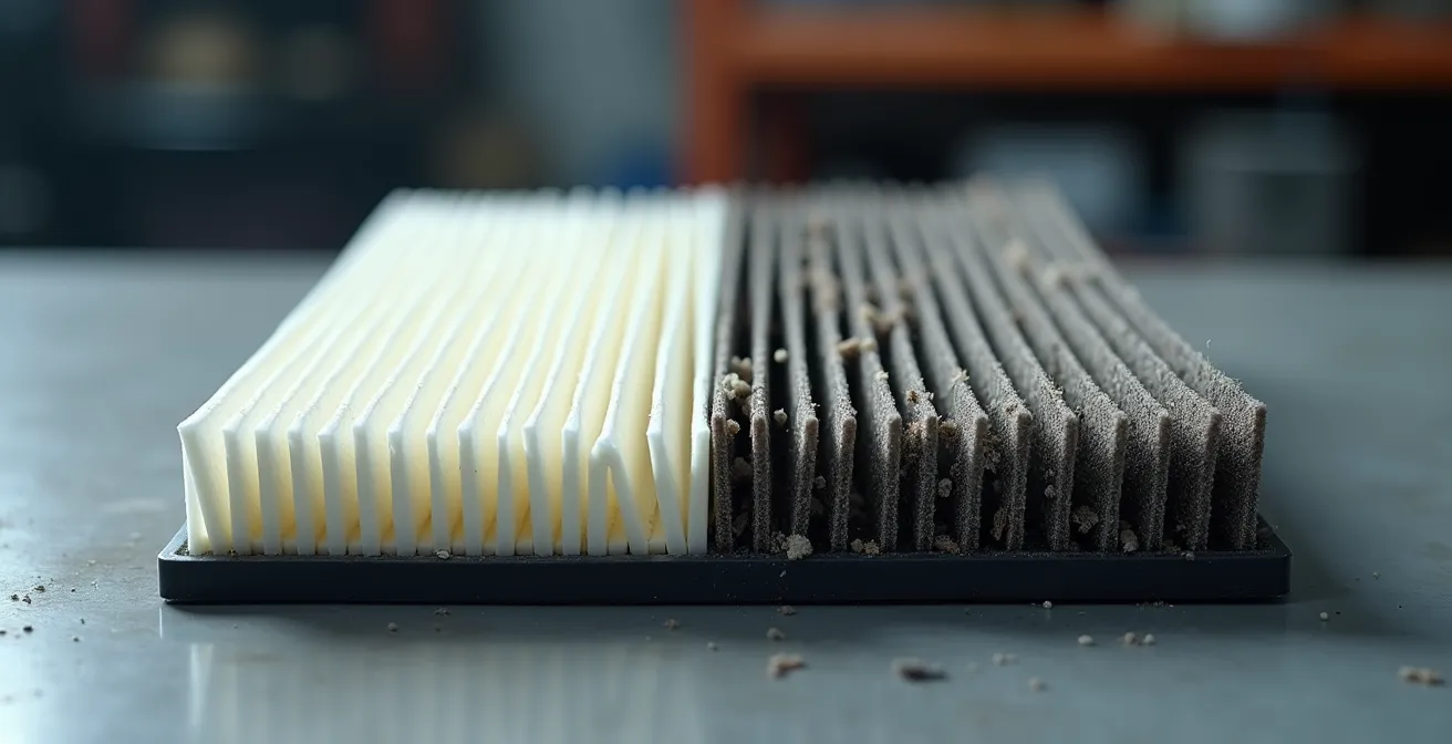 Confronto macro dettagliato tra filtro aria pulito e intasato