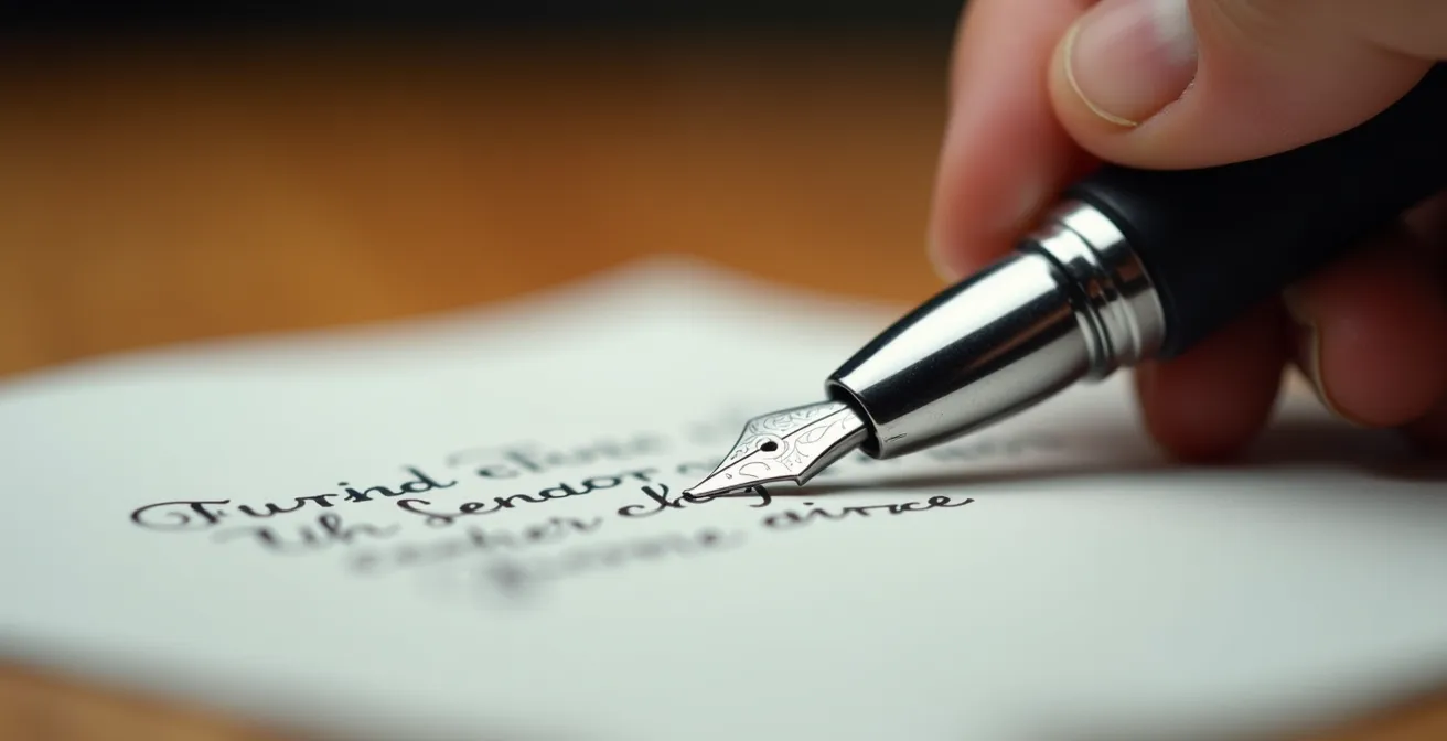 Dettaglio ravvicinato di mani che firmano documento immobiliare con penna stilografica