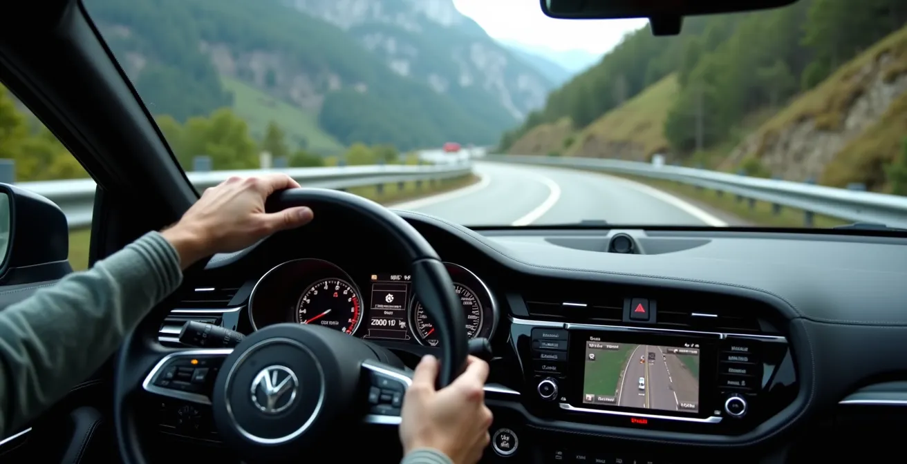 Vista dall'interno dell'auto durante discesa da passo alpino con marcia inserita