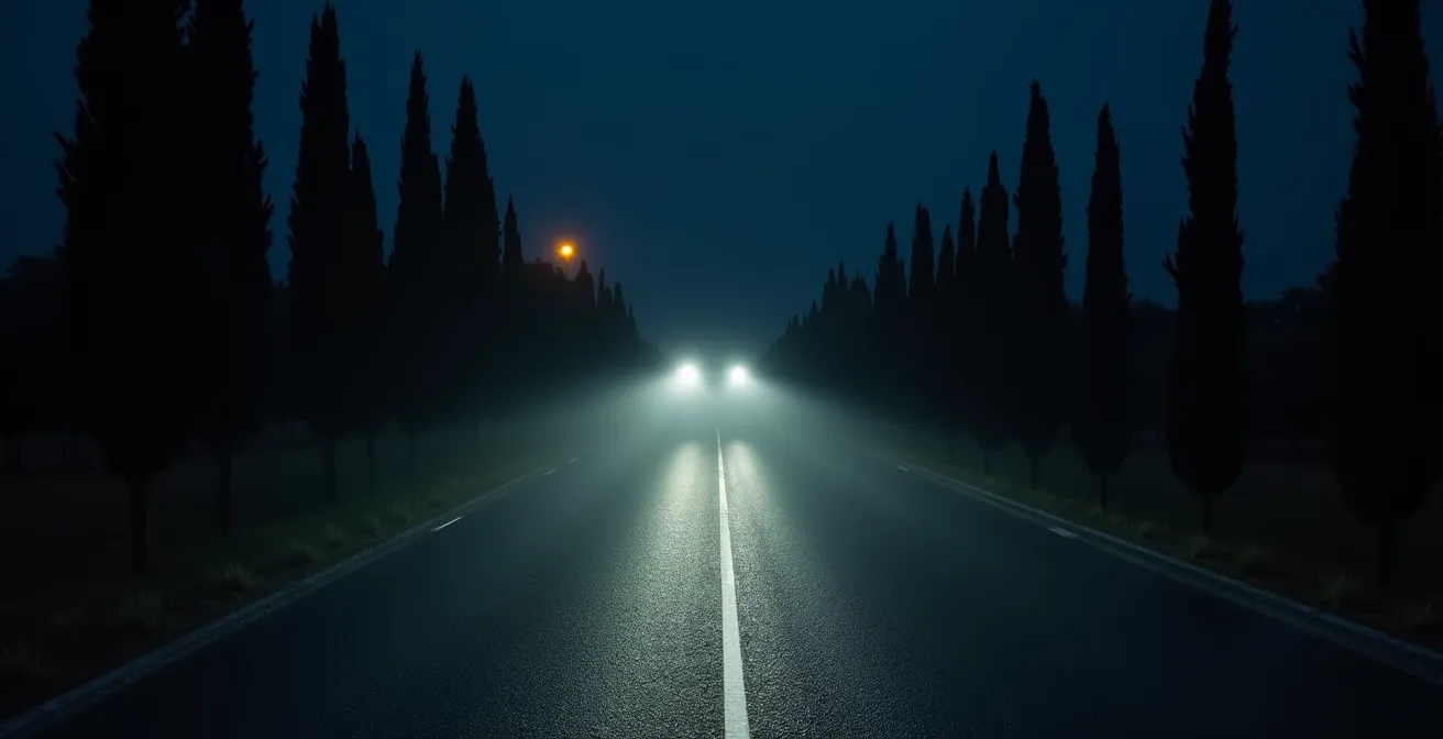 Strada extraurbana italiana di notte con fari LED che illuminano la carreggiata