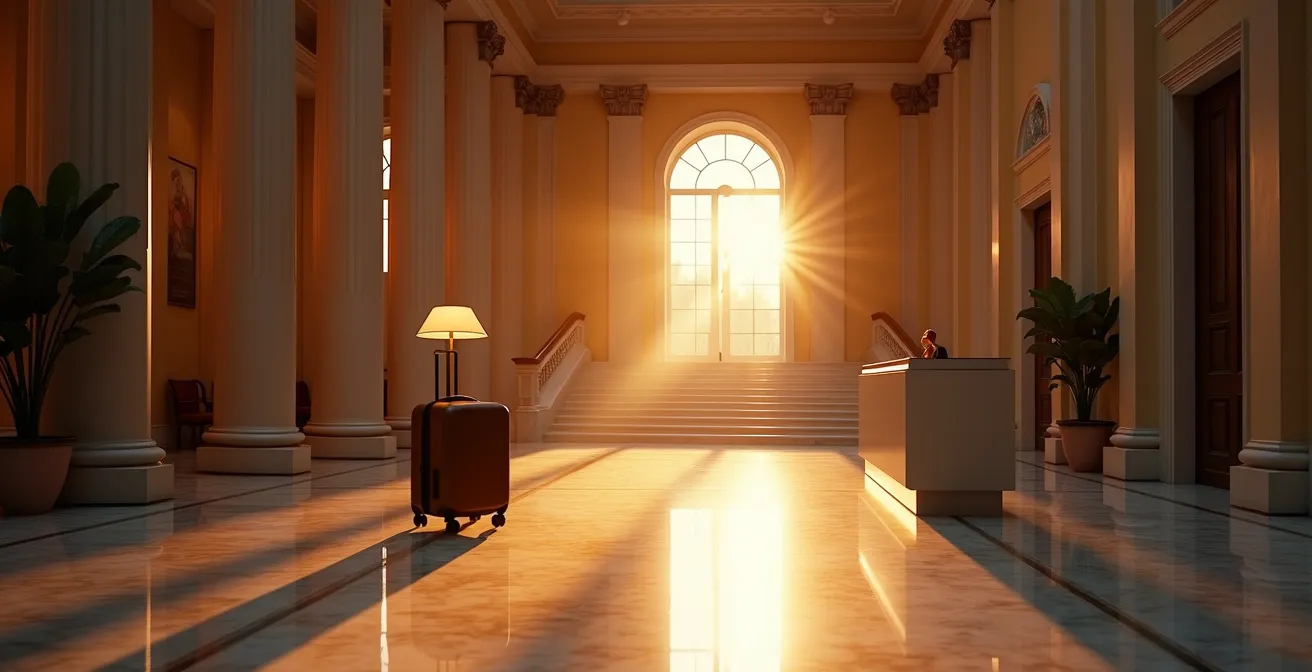 Hall di hotel italiana illuminata di sera con reception vuota alle 20:00