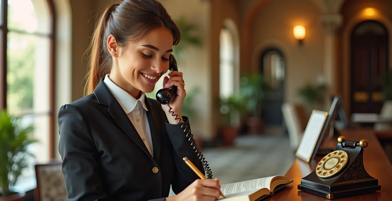 Receptionist dell'hotel al telefono mentre prende appunti per richieste speciali degli ospiti