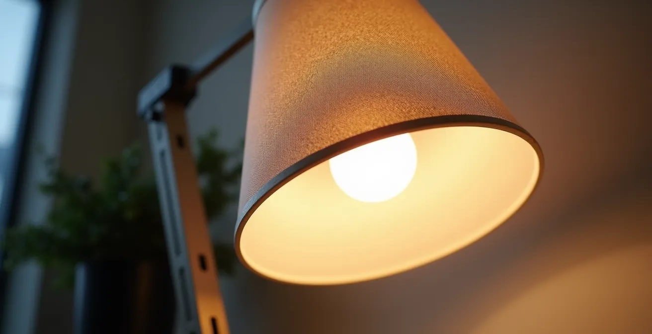 Dettaglio macro di una lampada da scrivania professionale con luce diffusa