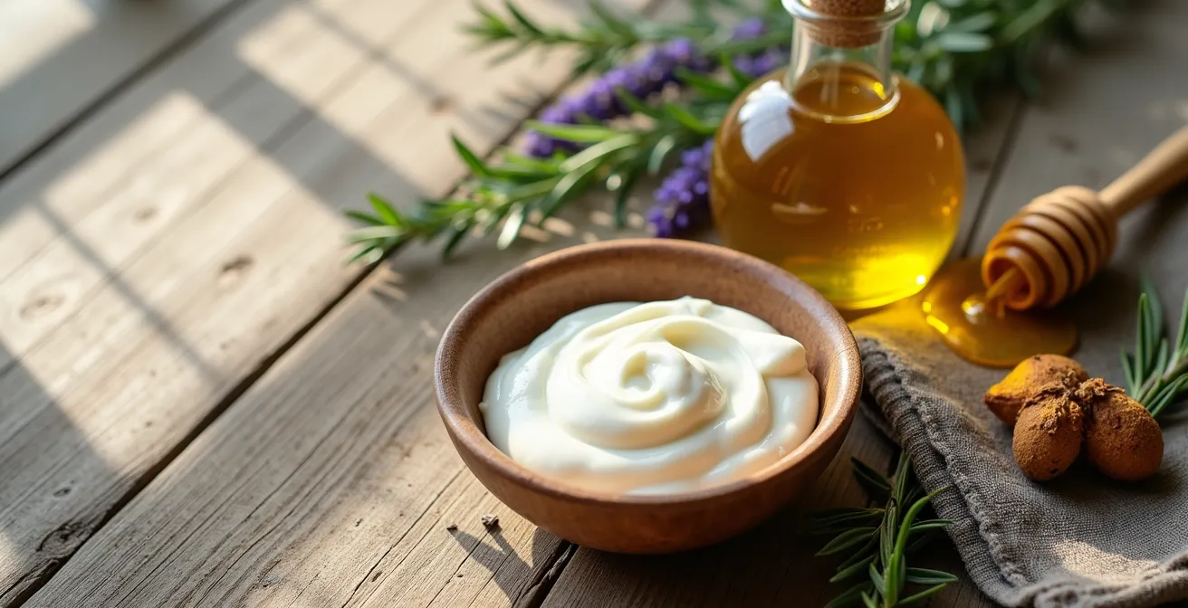 Ingredienti mediterranei freschi per maschera viso naturale disposti su tavolo di legno