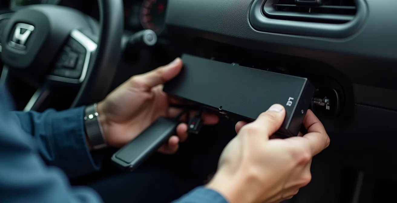 Meccanico che installa dispositivo Move-In sotto il cruscotto di un'auto