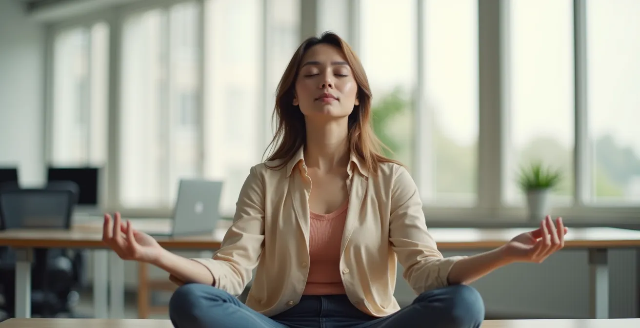 Persona che pratica respirazione consapevole seduta alla scrivania in ufficio