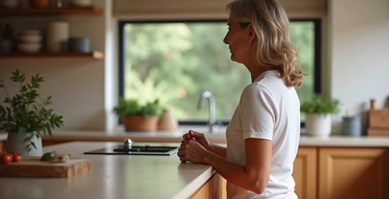 Persona che misura l'altezza ideale del piano cucina usando il gomito come riferimento