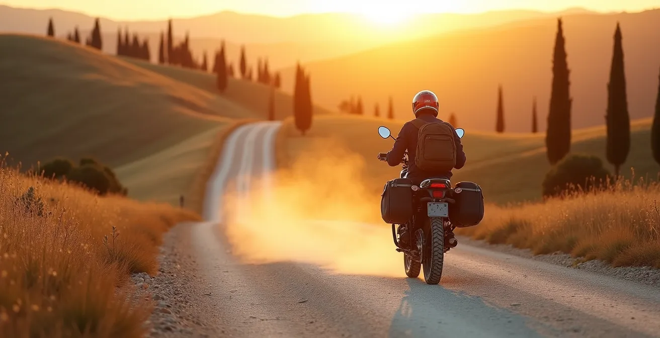 Moto adventure leggera su strada sterrata toscana con bagaglio essenziale