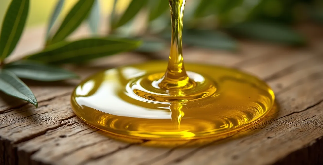 Dettaglio macro di olio extravergine d'oliva italiano che scorre su superficie di legno