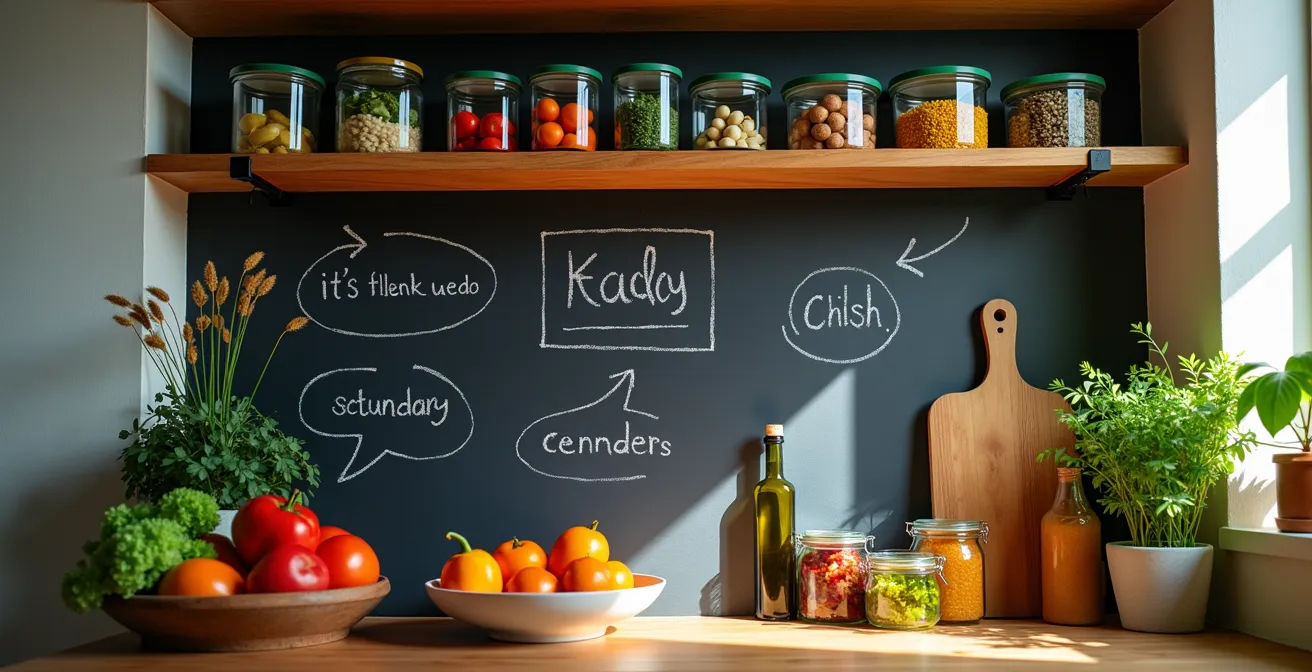 Angolo organizzativo in cucina con lavagna per menu settimanale e contenitori per la preparazione anticipata