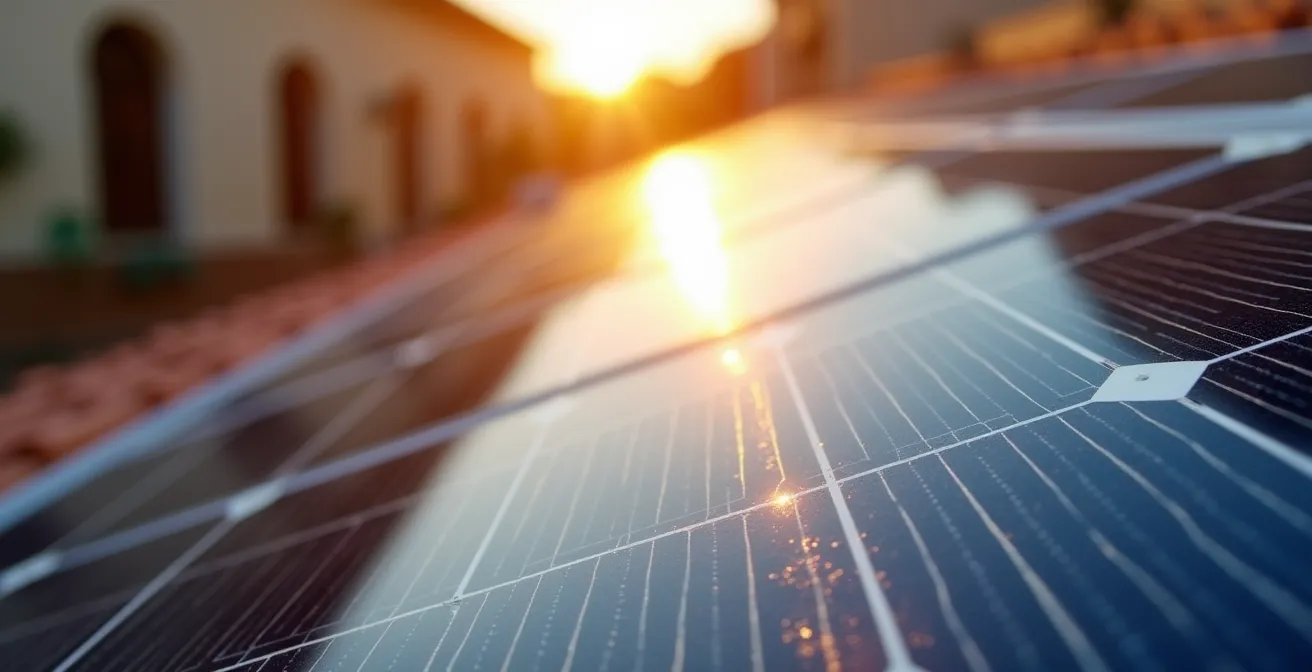 Dettaglio macro di celle fotovoltaiche con texture cristallina illuminata dal sole