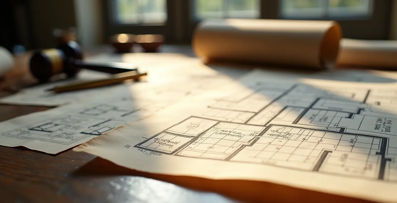 Documenti tecnici e planimetrie per analisi immobiliare disposti su tavolo di legno professionale