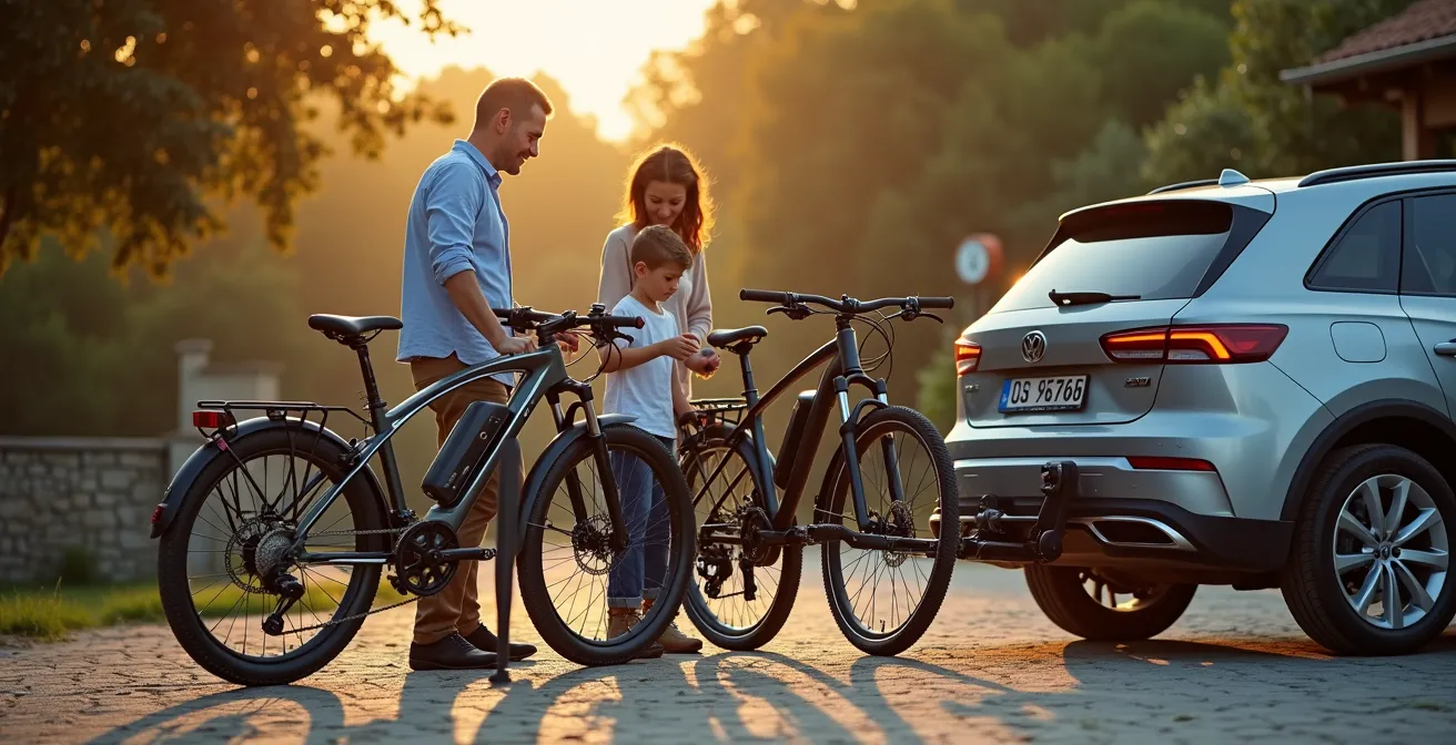 Auto con portabici montato su gancio traino con due e-bike, vista posteriore angolata