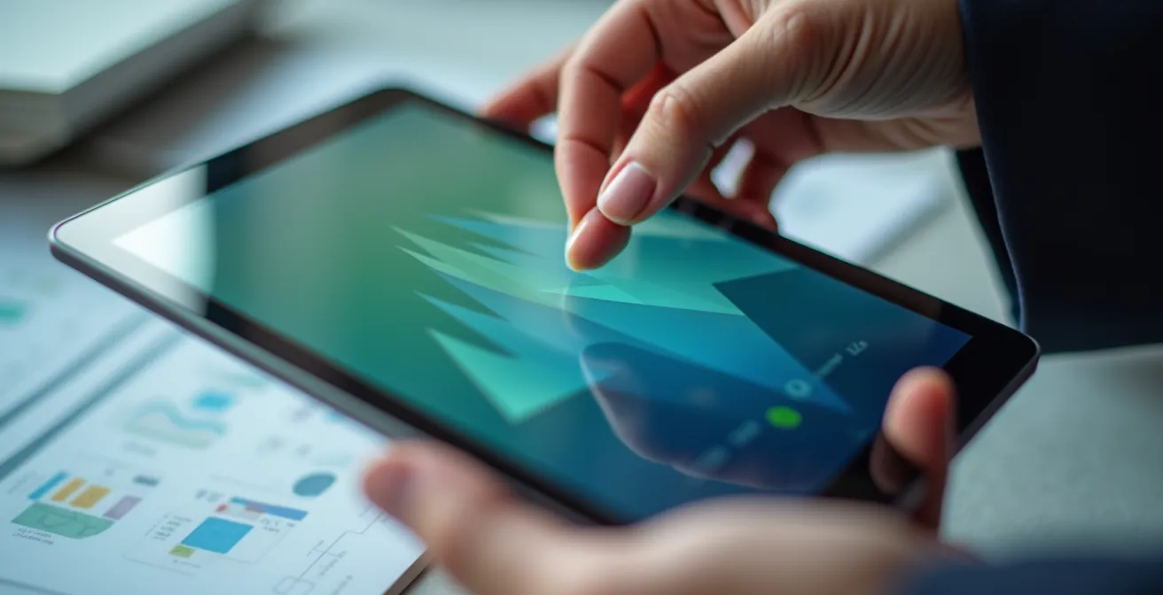 Mani che utilizzano tablet per operazioni bancarie con documenti finanziari sfocati