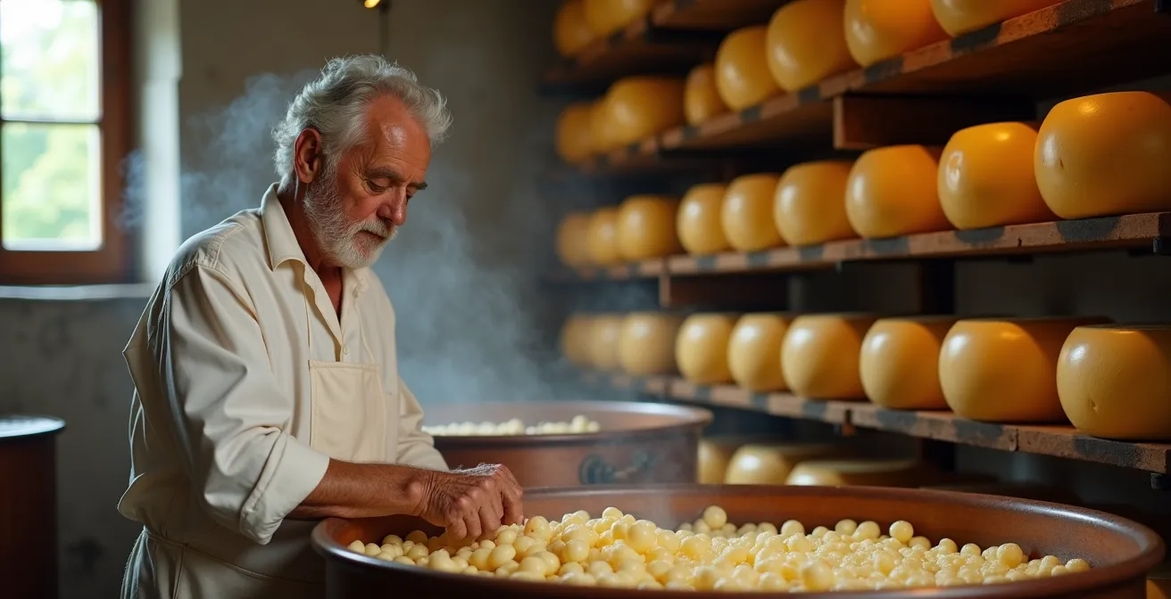 Artigiano casaro al lavoro in un piccolo caseificio tradizionale italiano