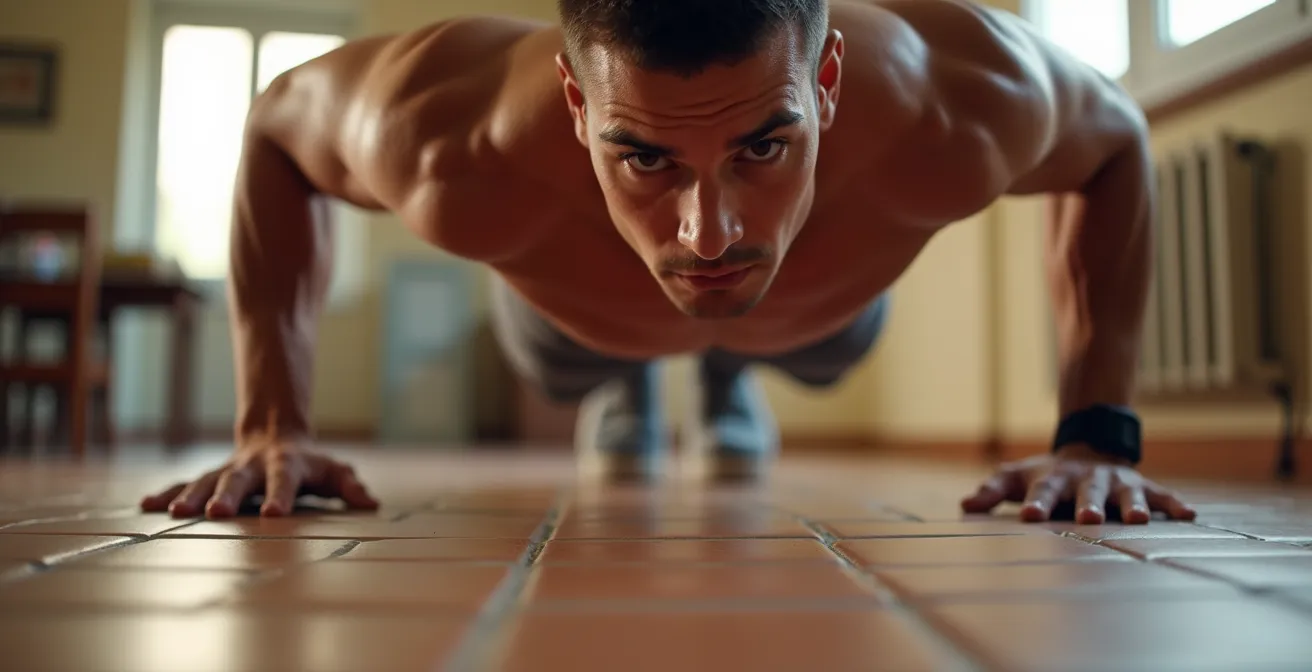 Sequenza di varianti di piegamenti dal muro al pavimento con posizioni corrette dei polsi e delle spalle per un'esecuzione sicura.