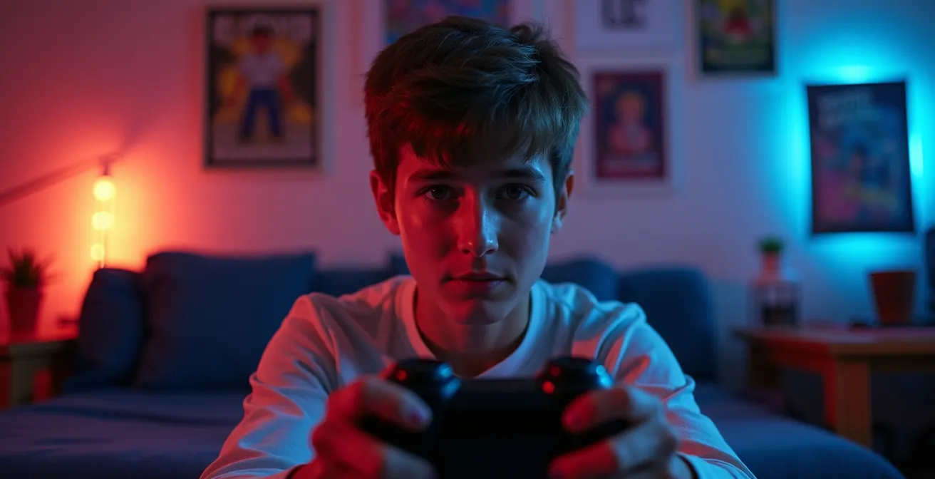 Adolescente concentrato davanti allo schermo del computer con controller in mano, luci colorate riflesse sul viso