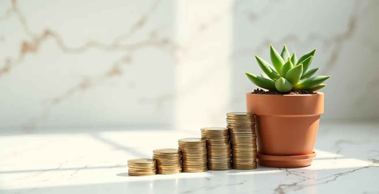 Composizione minimalista di monete euro impilate in ordine crescente con pianta che cresce