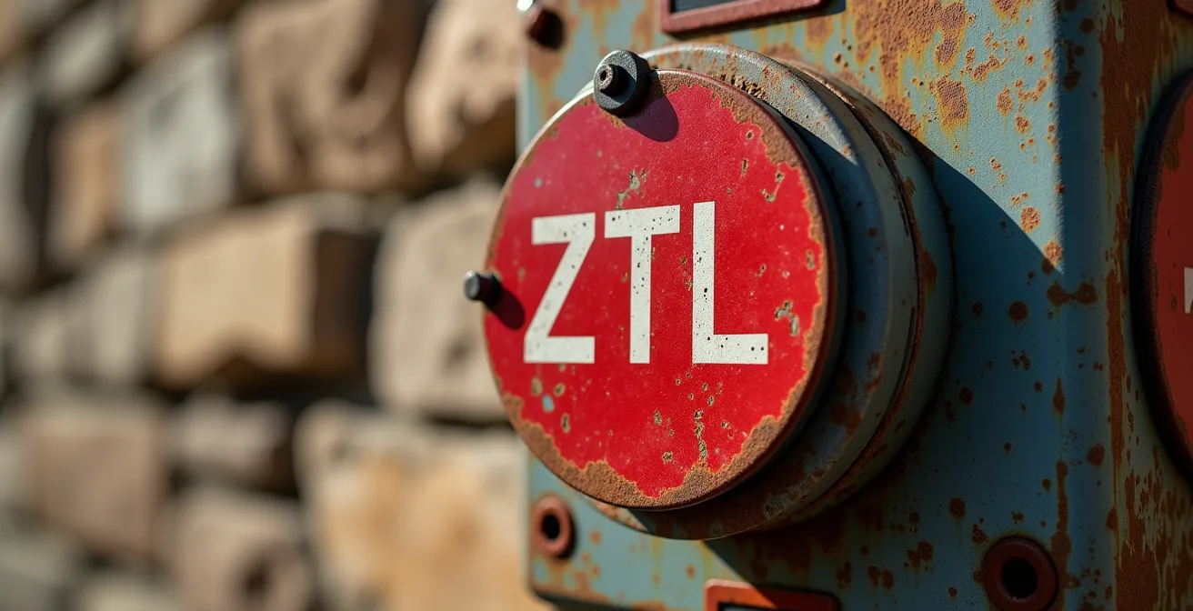 Dettaglio di un cartello di varco attivo ZTL in un centro storico italiano