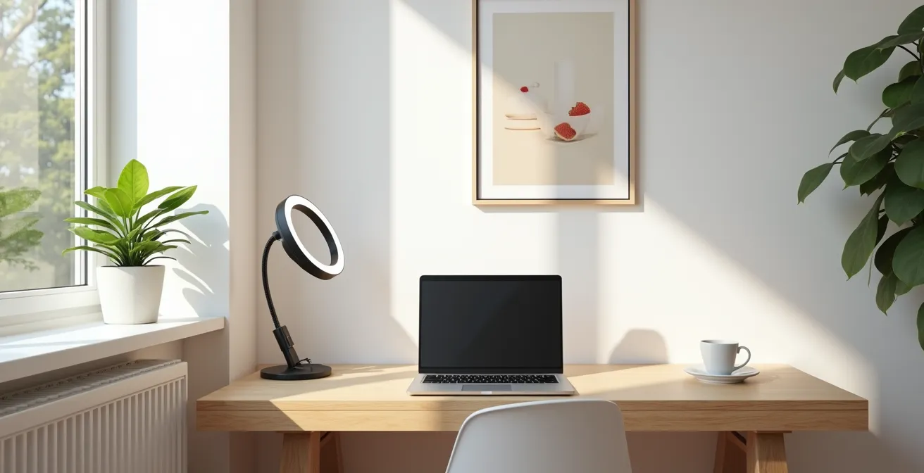 Angolo casa italiano trasformato in postazione professionale per videocall con illuminazione naturale