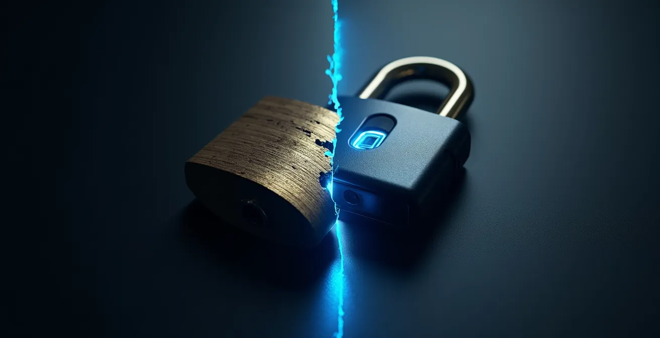 Confronto simbolico tra SMS vulnerabile e app authenticator sicura