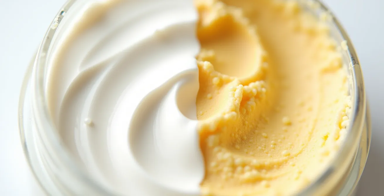 Dettaglio ravvicinato di simboli PAO e texture di crema bio deteriorata